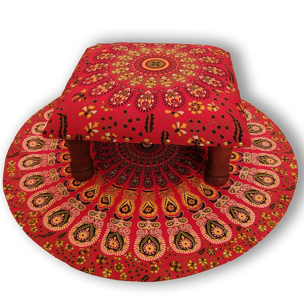 Red Mandala Screen Printed wooden Footrest Stool