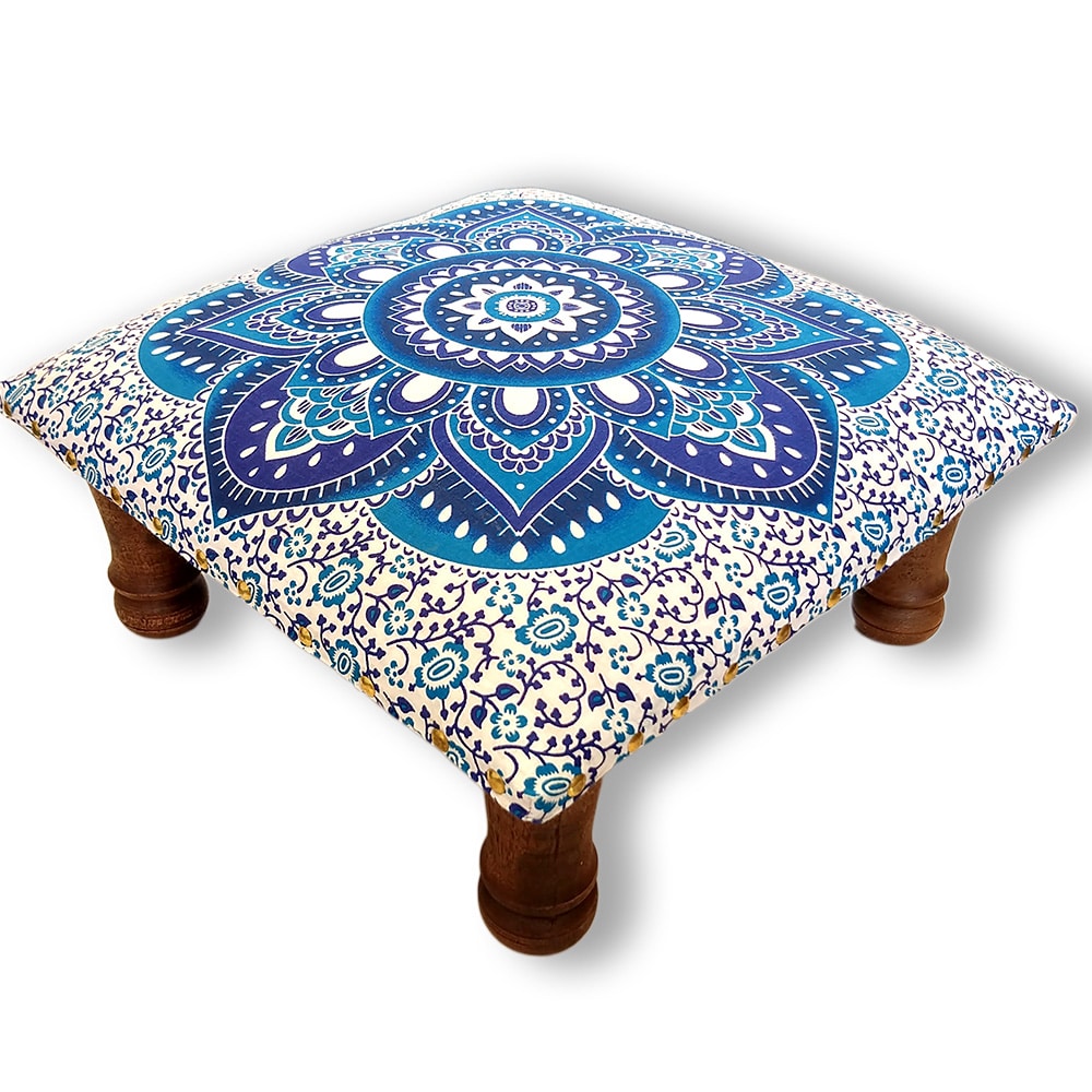White Blue Screen Printed wooden Footrest Stool