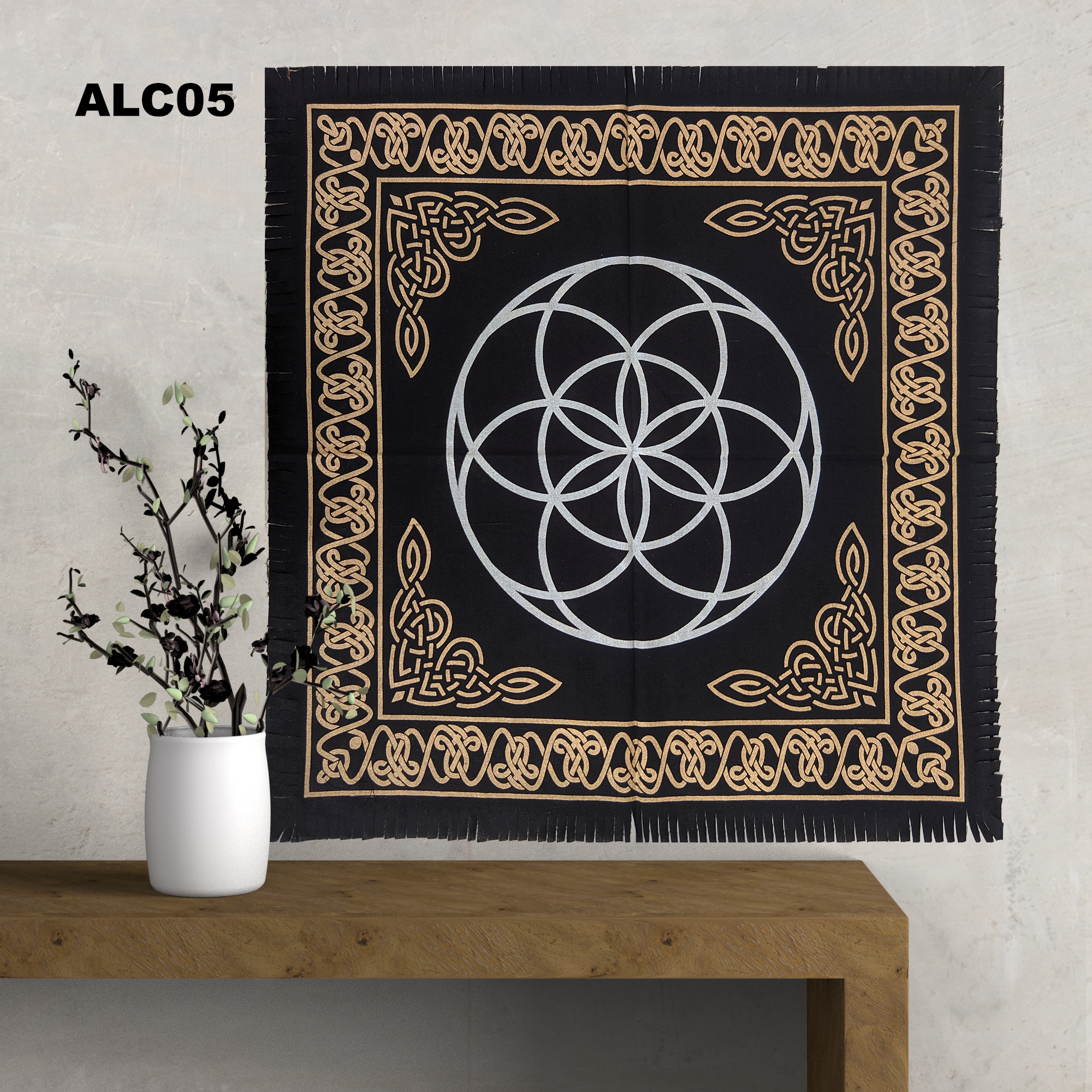 Black Flower of Life Screen Printed Cotton 24″ * 24″ Altar Cloth
