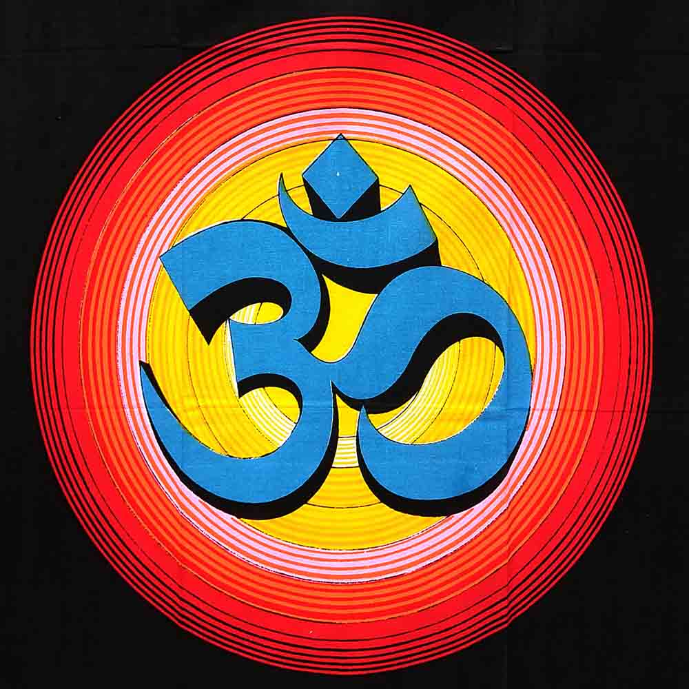 Blue and Red Om Small Cotton Screen Printed Wall Hanging Tapestry