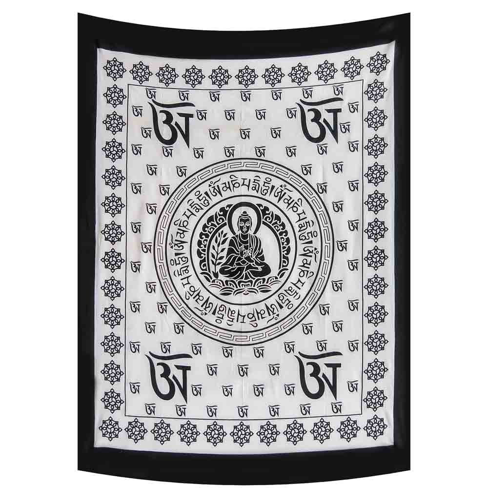 Black and White Buddha Tibet Small Cotton Screen Printed Wall Hanging Tapestry
