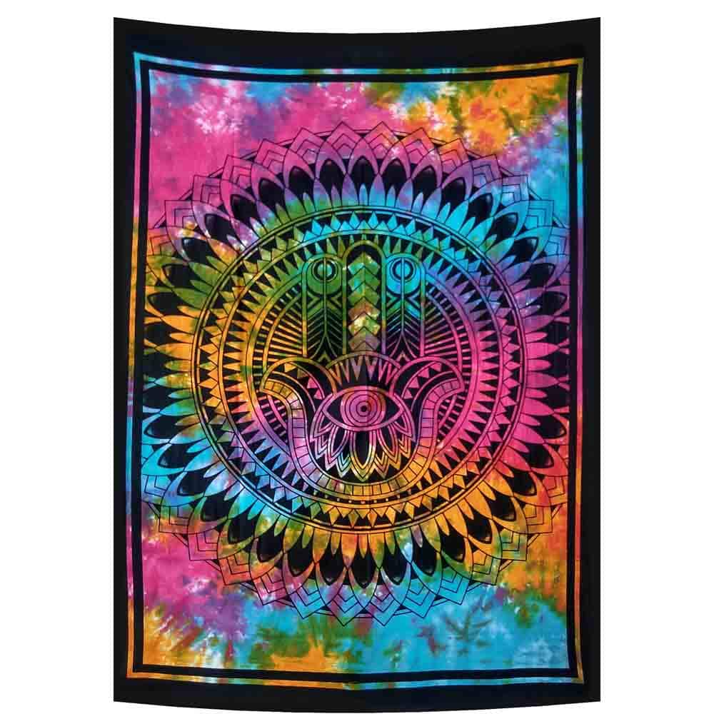 Hamsa Hand Tie Dye Feathers Small Cotton Screen Printed Wall Hanging Tapestry