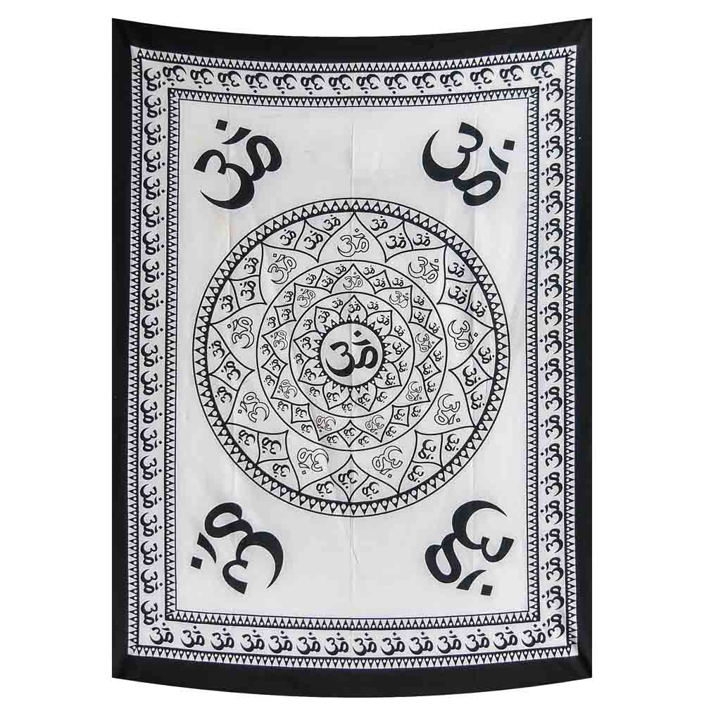 Black and White Om Wheel Small Cotton Screen Printed Wall Hanging Tapestry