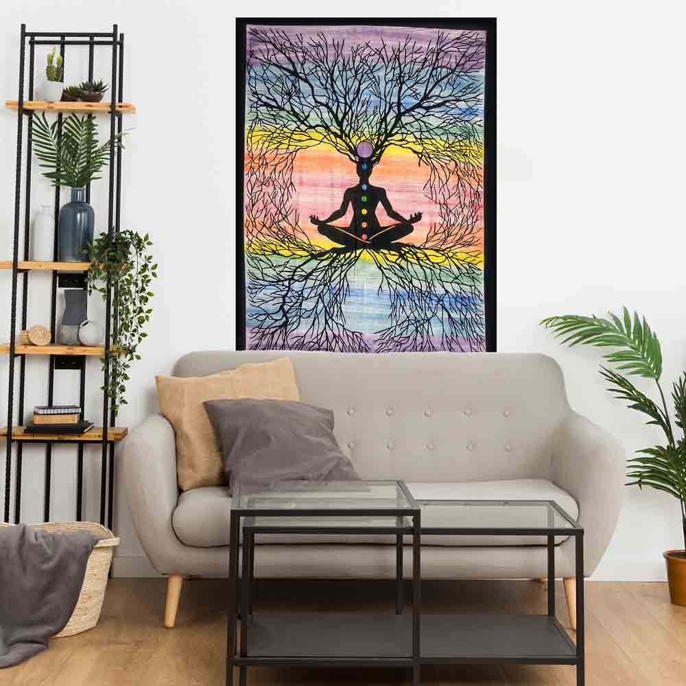 Yoga Roots Hand Brush Chakra Small Cotton Screen Printed Wall Hanging Tapestry