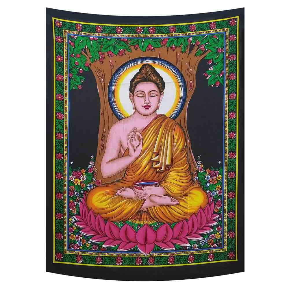 Buddha Tree Lotus Small Cotton Screen Printed Wall Hanging Tapestry
