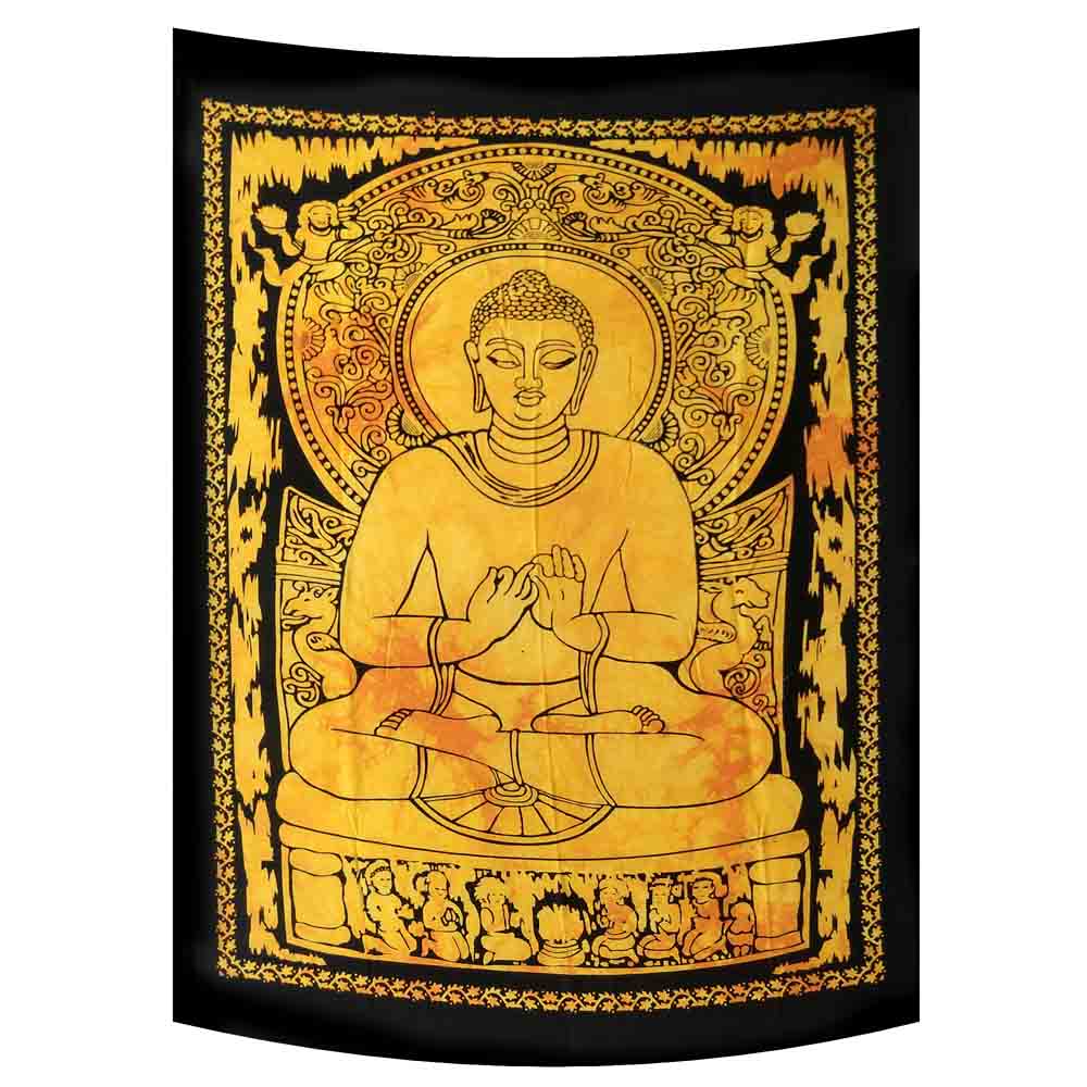 Yellow Lotus Buddha Tie Dye Small Cotton Screen Printed Wall Hanging Tapestry