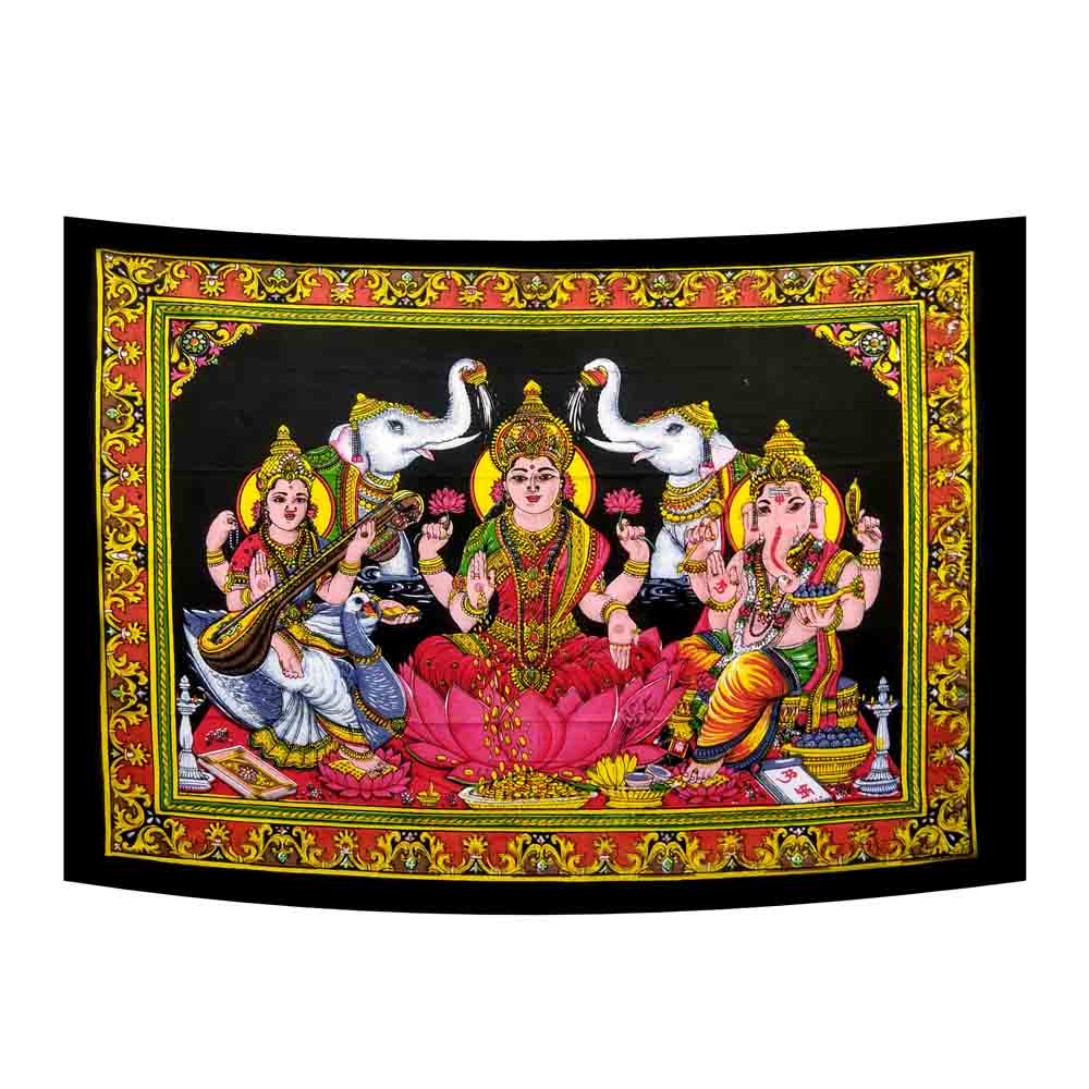 Laxmi Ganesh Saraswati Small Cotton Screen Printed Wall Hanging Tapestry