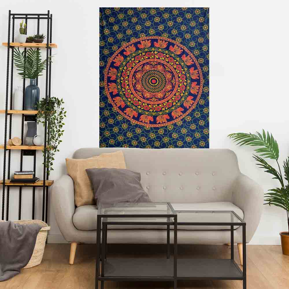 Blue Elephant Mandala Gumbad Small Cotton Screen Printed Wall Hanging Tapestry