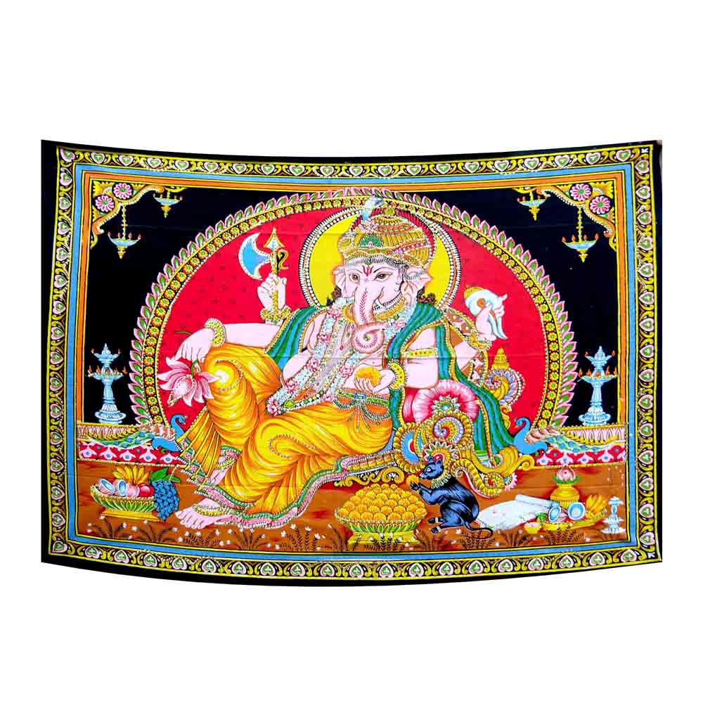 Lord Ganesha Hindu God Small Cotton Screen Printed Wall Hanging Tapestry