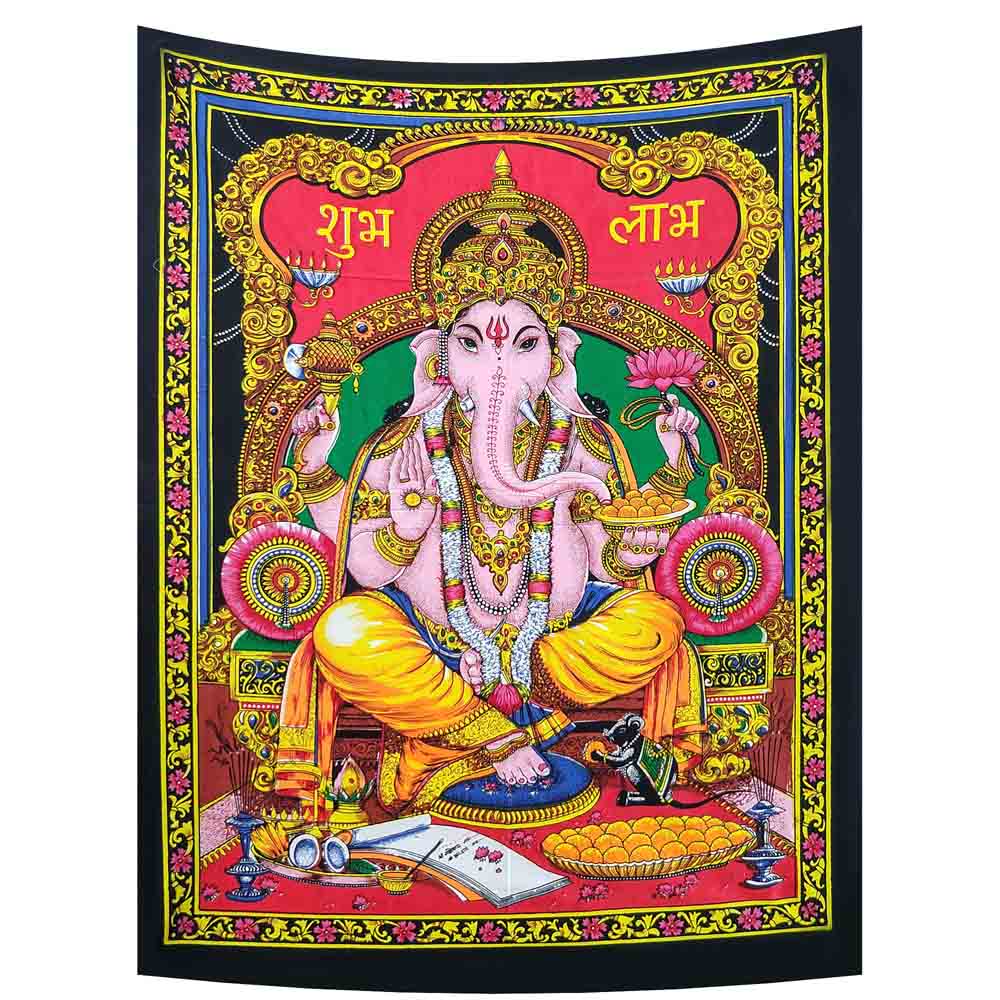 Ganesha Shubh Labh Hindu God Small Cotton Screen Printed Wall Hanging Tapestry