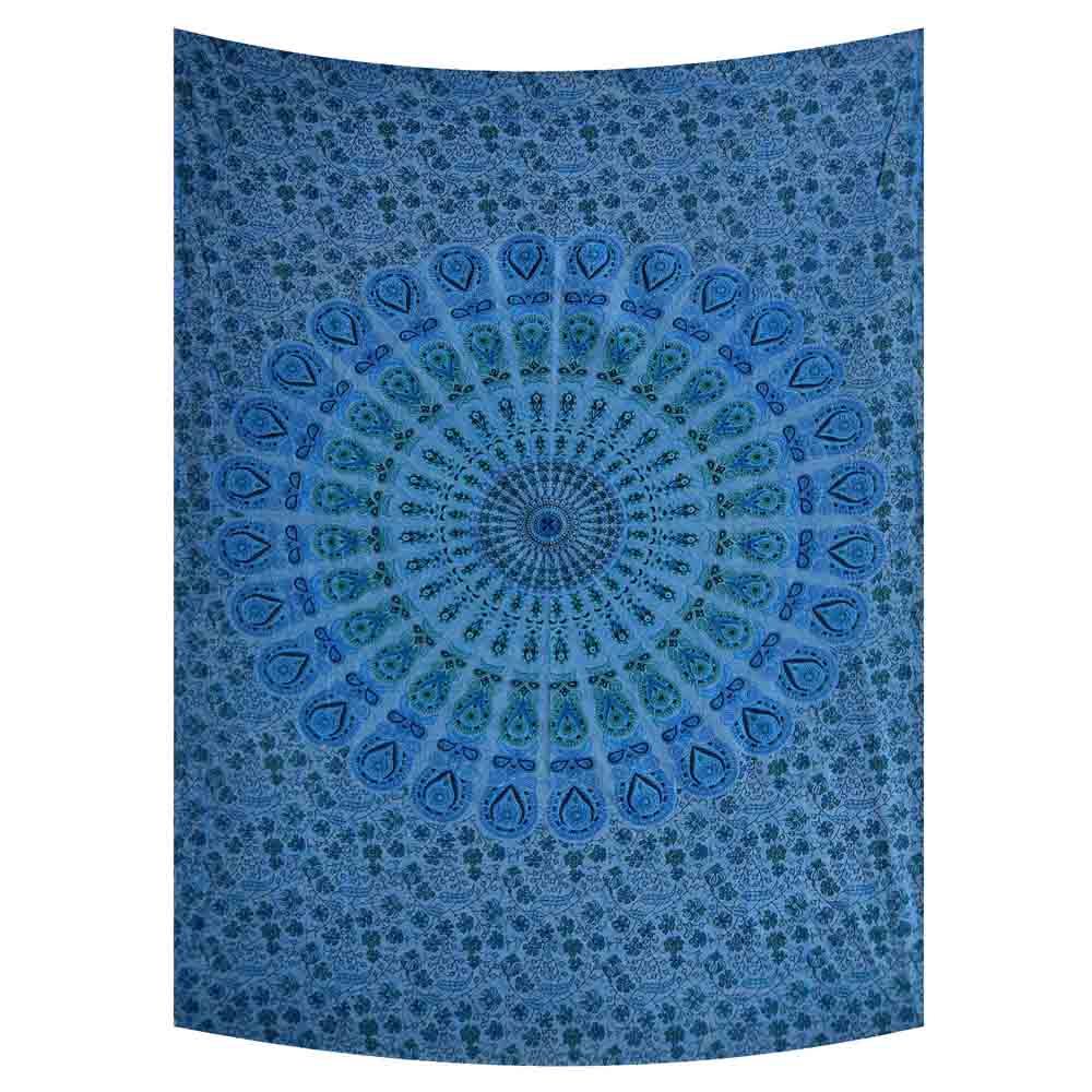 Dark Blue Peacock Feather Mandala Small Cotton Screen Printed Wall Hanging Tapestry