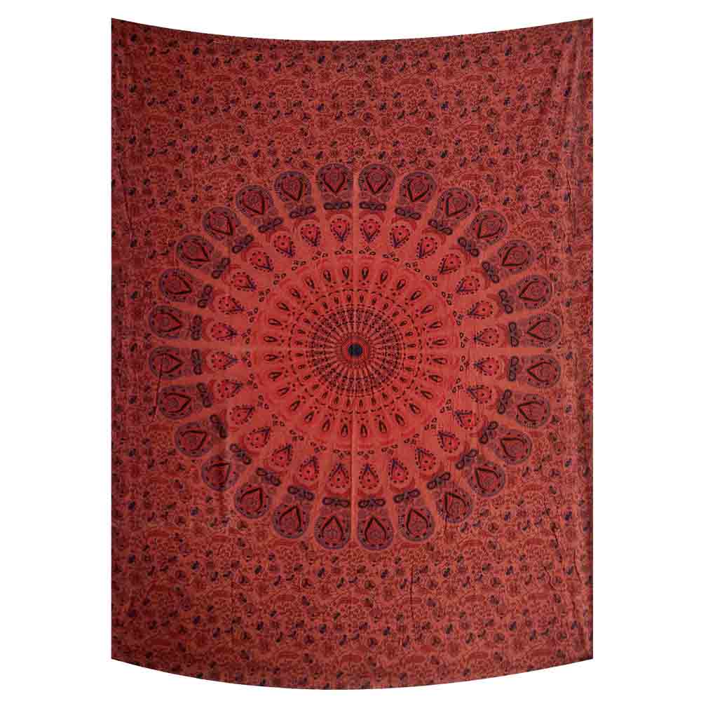 Stonewash Red Peacock Feather Mandala Small Cotton Screen Printed Wall Hanging Tapestry
