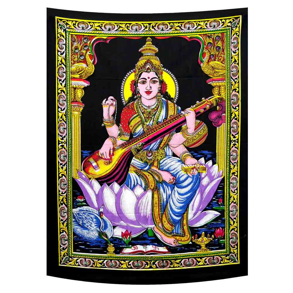 Goddess Saraswati Lotus Small Cotton Screen Printed Wall Hanging Tapestry
