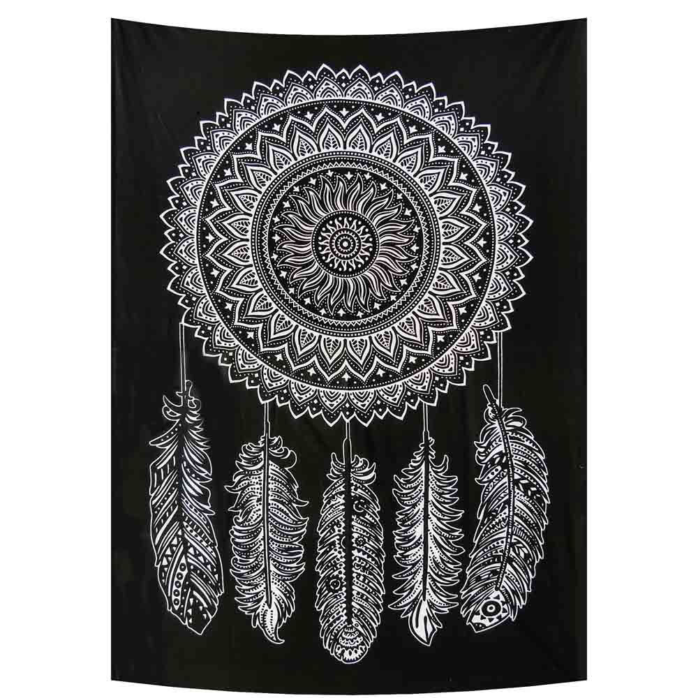 Black and White Dream Catcher 5 Feathers Small Cotton Screen Printed Wall Hanging Tapestry