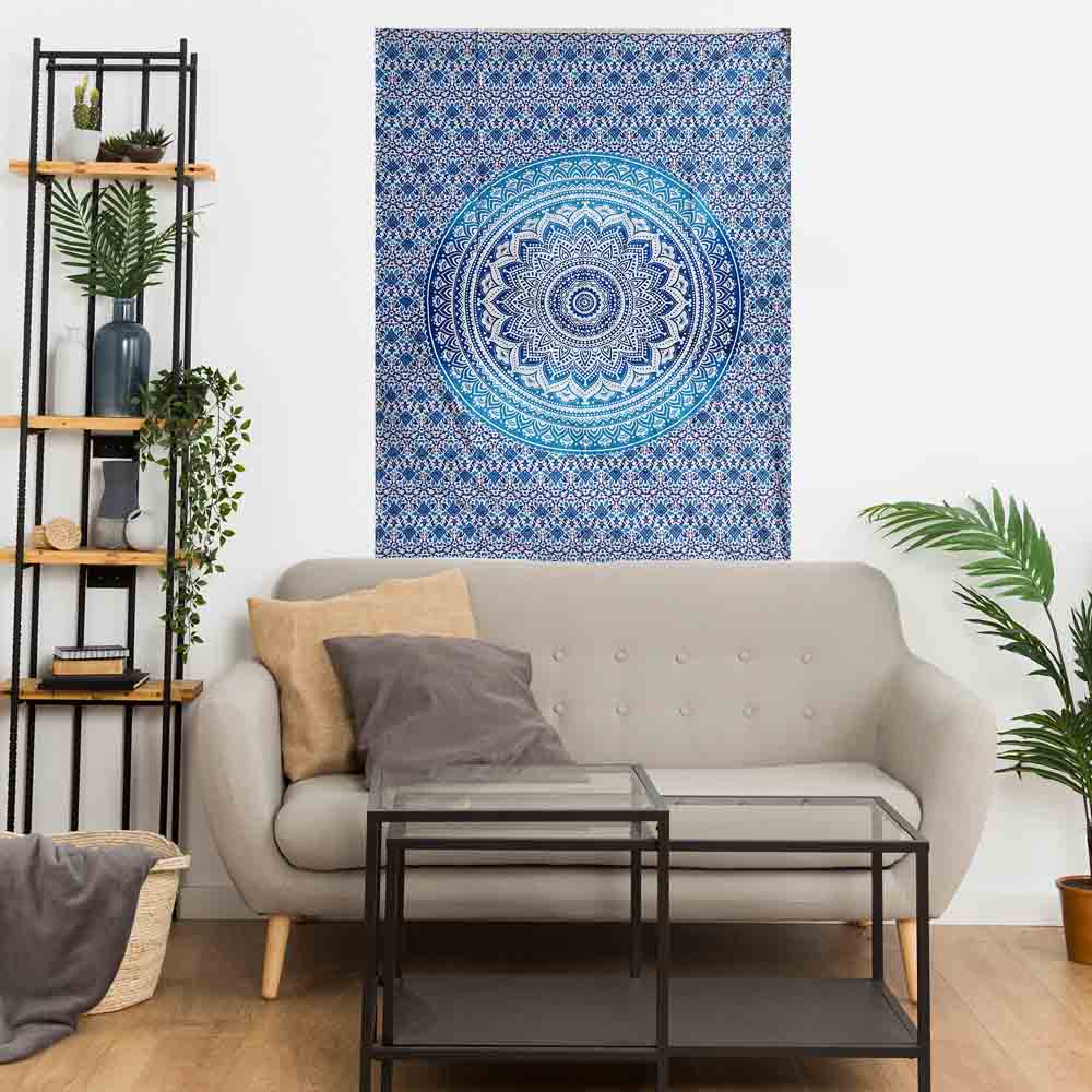 Turquoise Ombre Mandala Gumbad Small Cotton Screen Printed Wall Hanging Tapestry