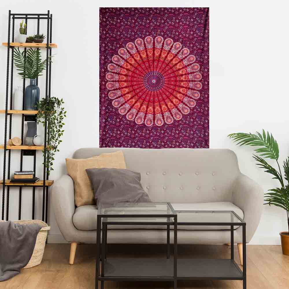 Maroon Peacock Feather Mandala Small Cotton Screen Printed Wall Hanging Tapestry