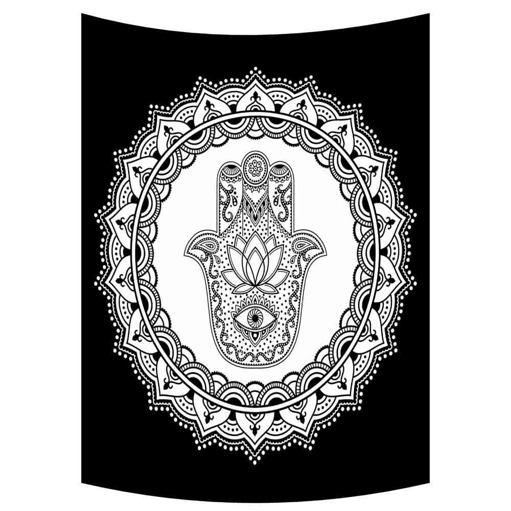 Black and White Hamsa Hand Small Cotton Screen Printed Wall Hanging Tapestry