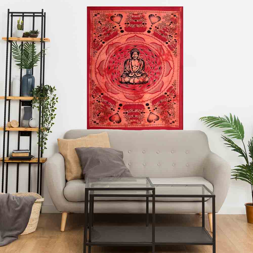 Red Lotus Buddha Tie Dye Small Cotton Screen Printed Wall Hanging Tapestry