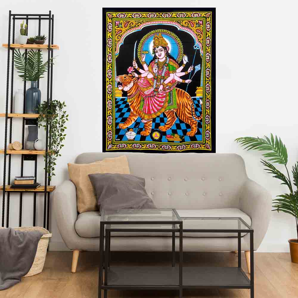 Goddess Durga Small Cotton Screen Printed Wall Hanging Tapestry