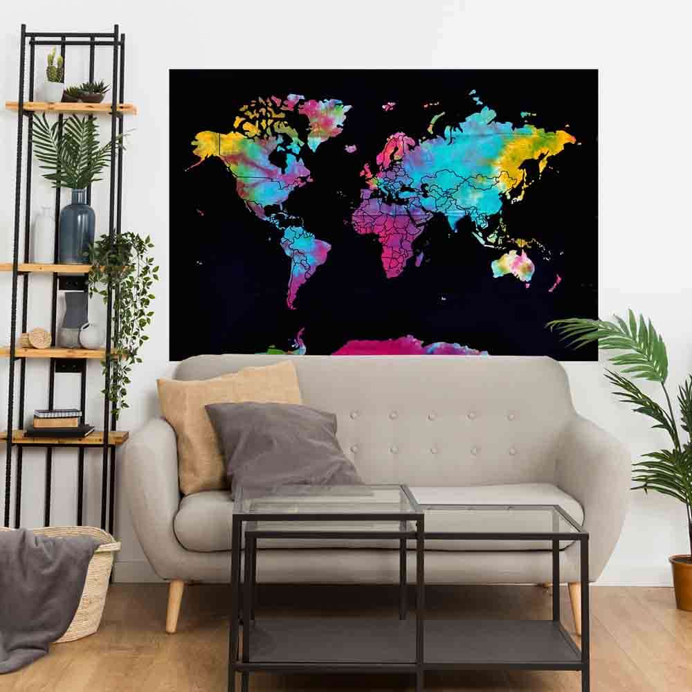 World Map Tie Dye Small Cotton Screen Printed Wall Hanging Tapestry