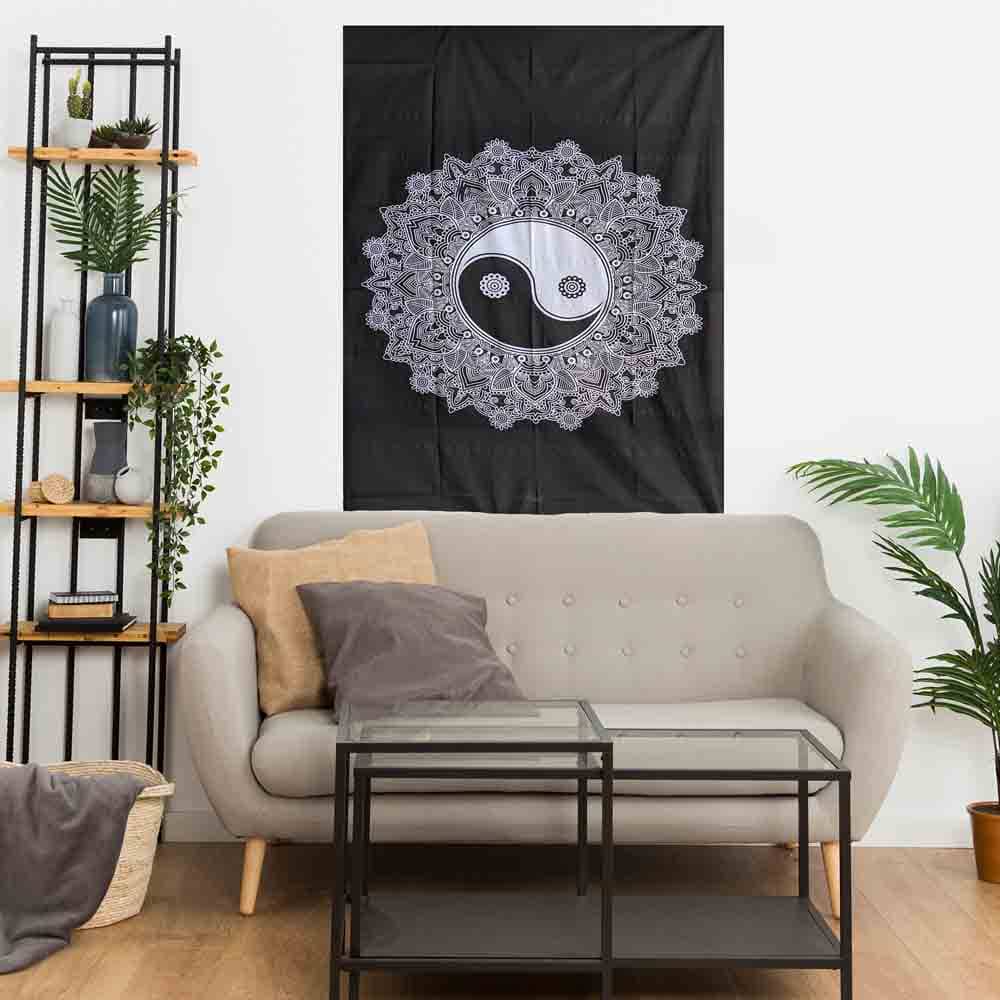 Black and White Yin Yang Small Cotton Screen Printed Wall Hanging Tapestry