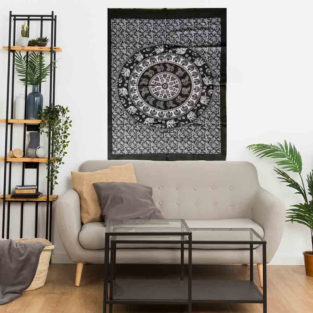 Black and White Elephant Peacock Mandala Gumbad Small Cotton Screen Printed Wall Hanging Tapestry
