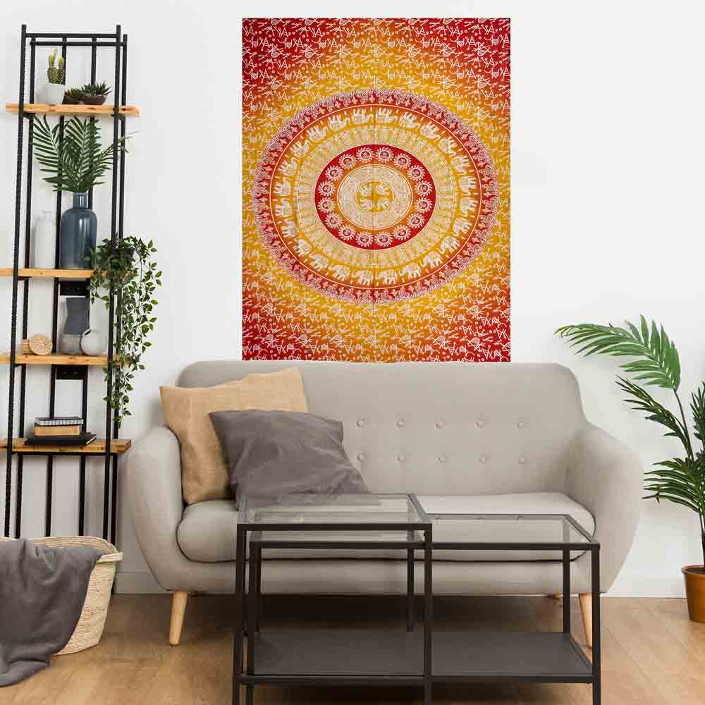 Yellow Red Mandala Elephant Gumbad Small Cotton Screen Printed Wall Hanging Tapestry