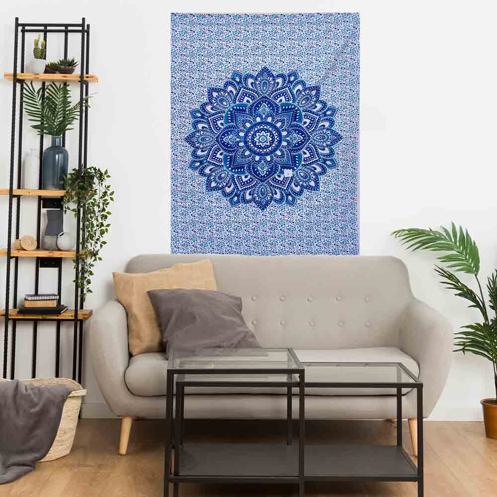 Blue Lotus Ombre Gumbad Small Cotton Screen Printed Wall Hanging Tapestry