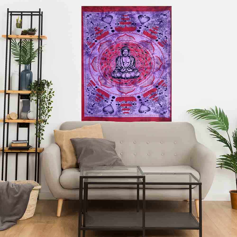Purple Red Tie Dye Buddha Lotus Small Cotton Screen Printed Wall Hanging Tapestry