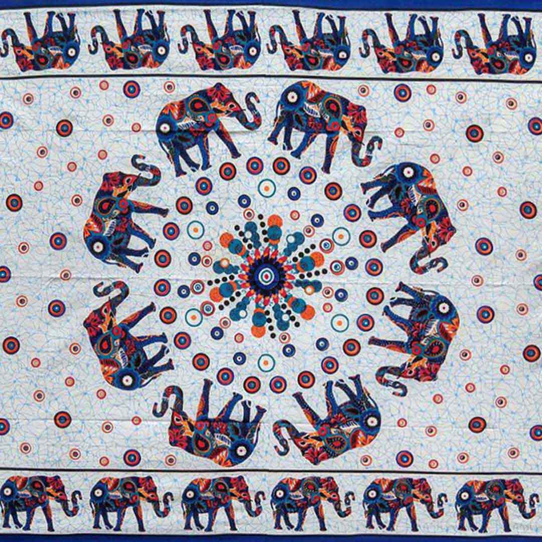 White Blue Elephant Screen Printed Queen Twin Tapestry