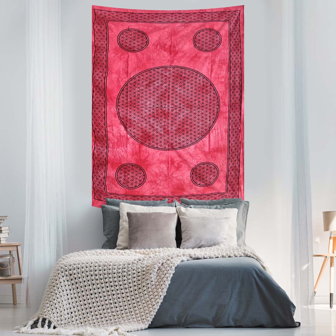 Red Dye Flower of Life Screen Printed Queen Twin Tapestry