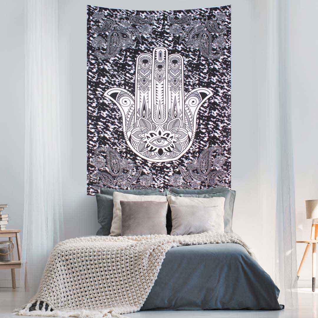 Hamsa Hand Black and White Screen Printed Queen Twin Tapestry