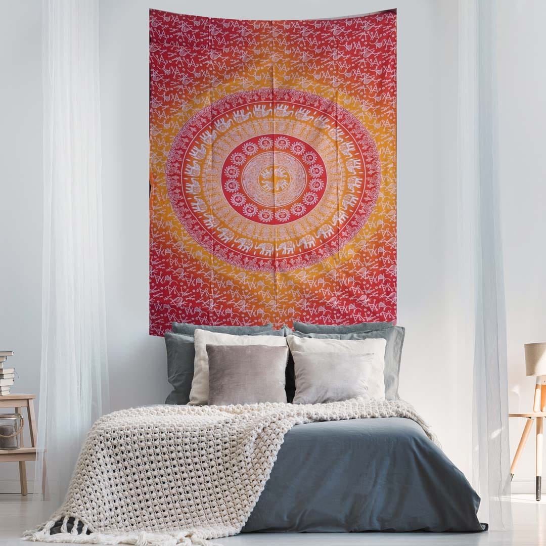 Elephant Mandala Ombre Red Yellow Screen Printed Queen Twin Tapestry
