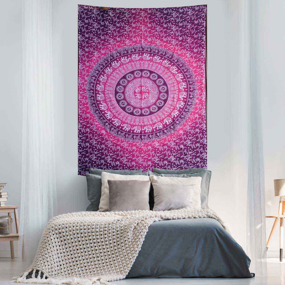 Elephant Mandala Ombre Pink Red Screen Printed Queen Twin Tapestry