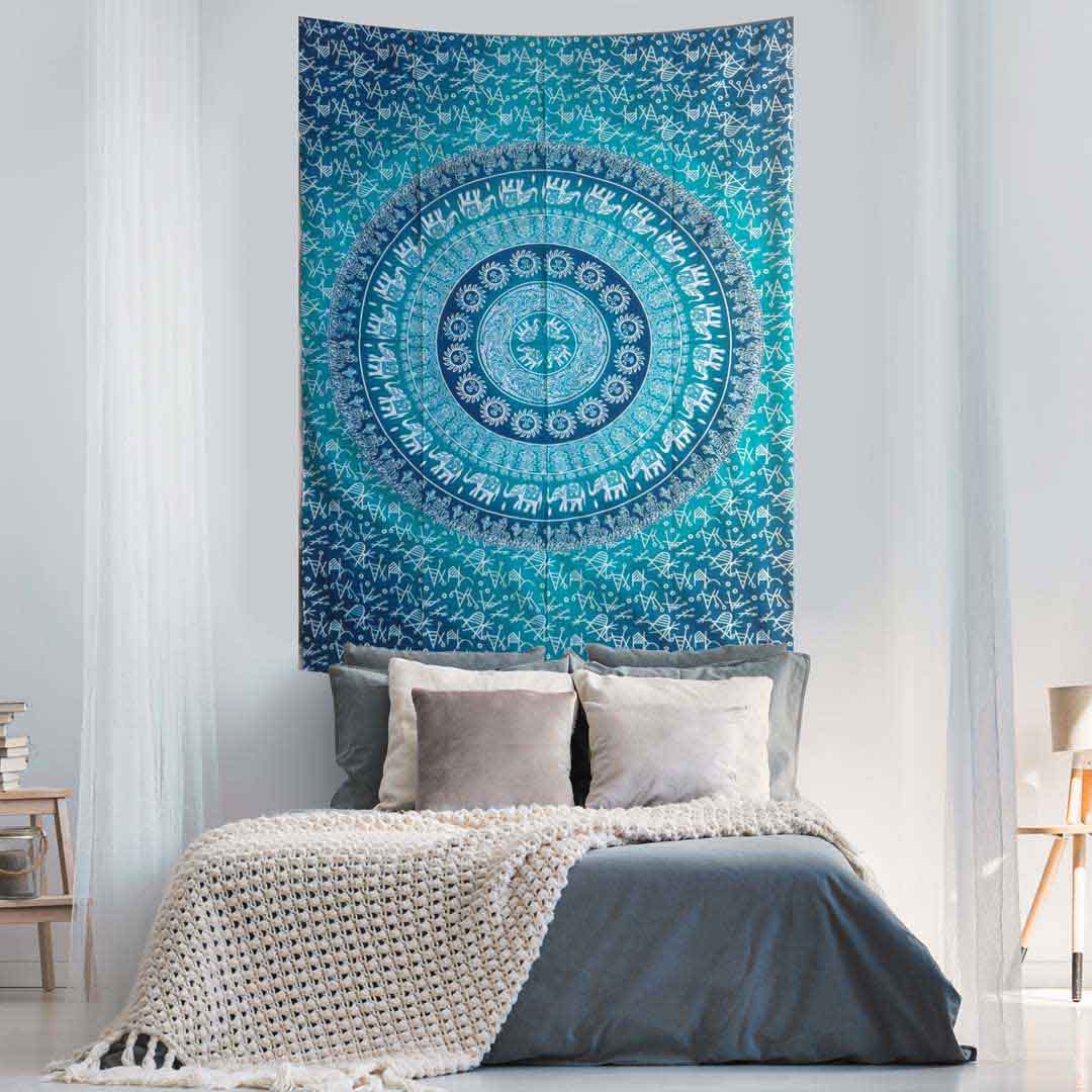 Elephant Mandala Ombre Blue Screen Printed Queen Twin Tapestry