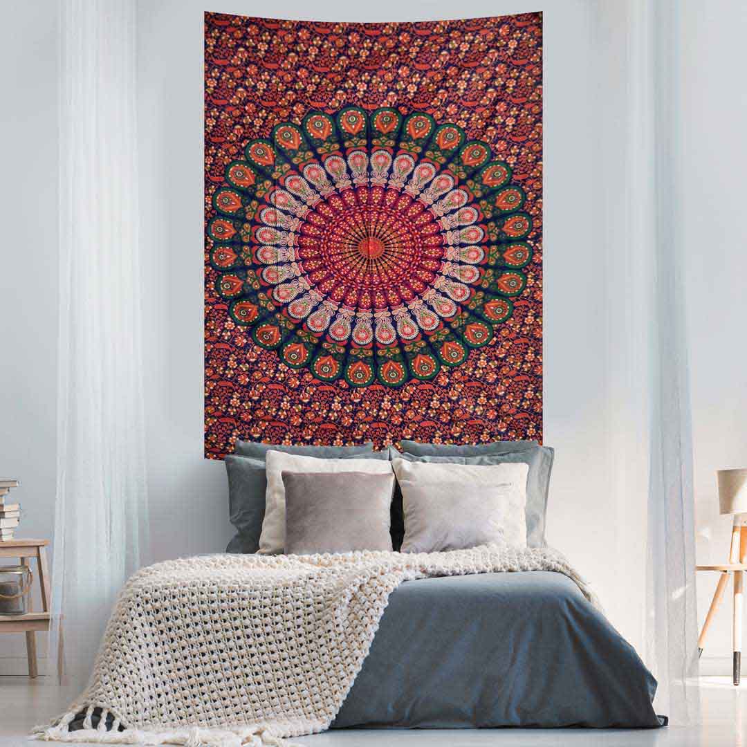 Red Blue Peacock Feather Mandala Screen Printed Queen Twin Tapestry
