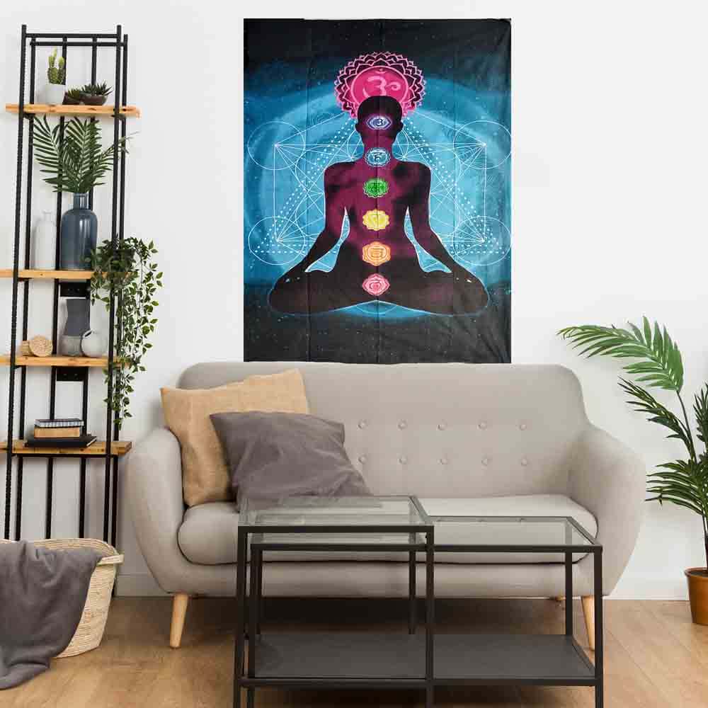 Turquoise Chakra Yoga Man Small Cotton Screen Printed Wall Hanging Tapestry