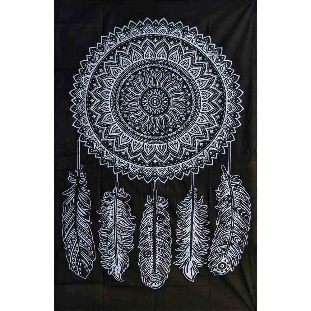 Dreamcatcher Five Feather Screen Printed Black and White Queen Twin Tapestry