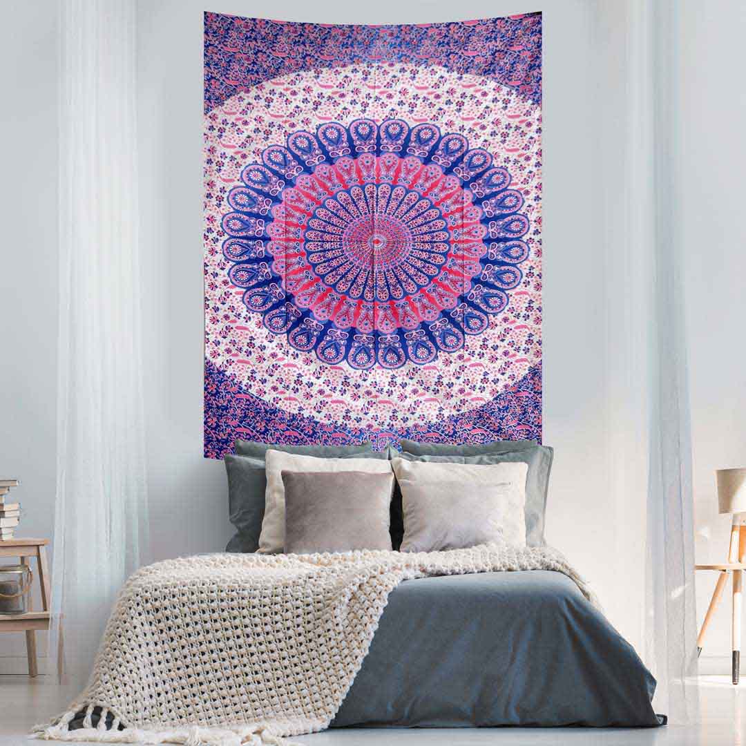 Pink Blue Peacock Feather Mandala Screen Printed Queen Twin Tapestry