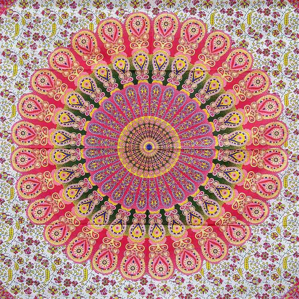 Red Green Yellow Peacock Feather Mandala Screen Printed Queen Twin Tapestry