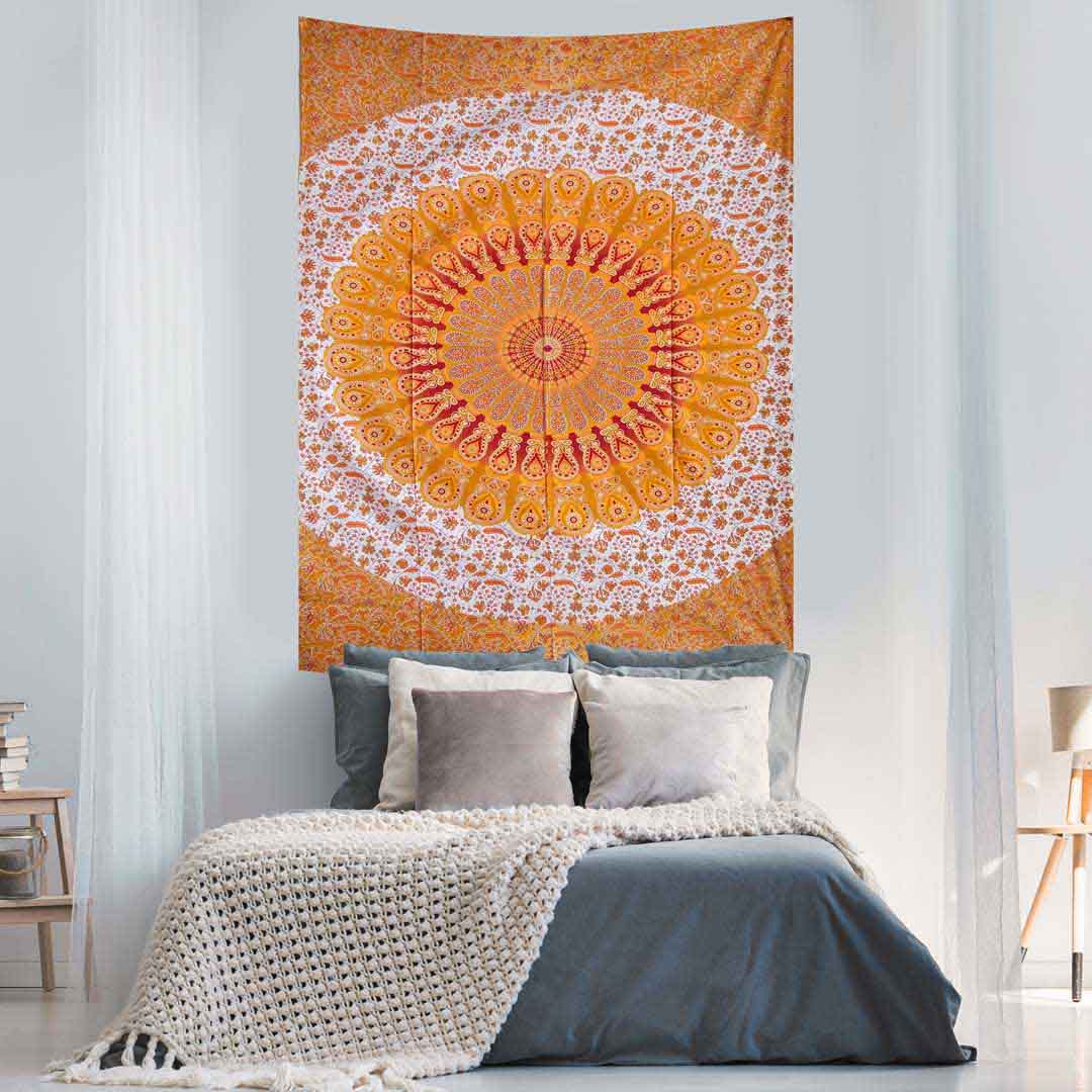 Orange Red Peacock Feather Mandala Screen Printed Queen Twin Tapestry