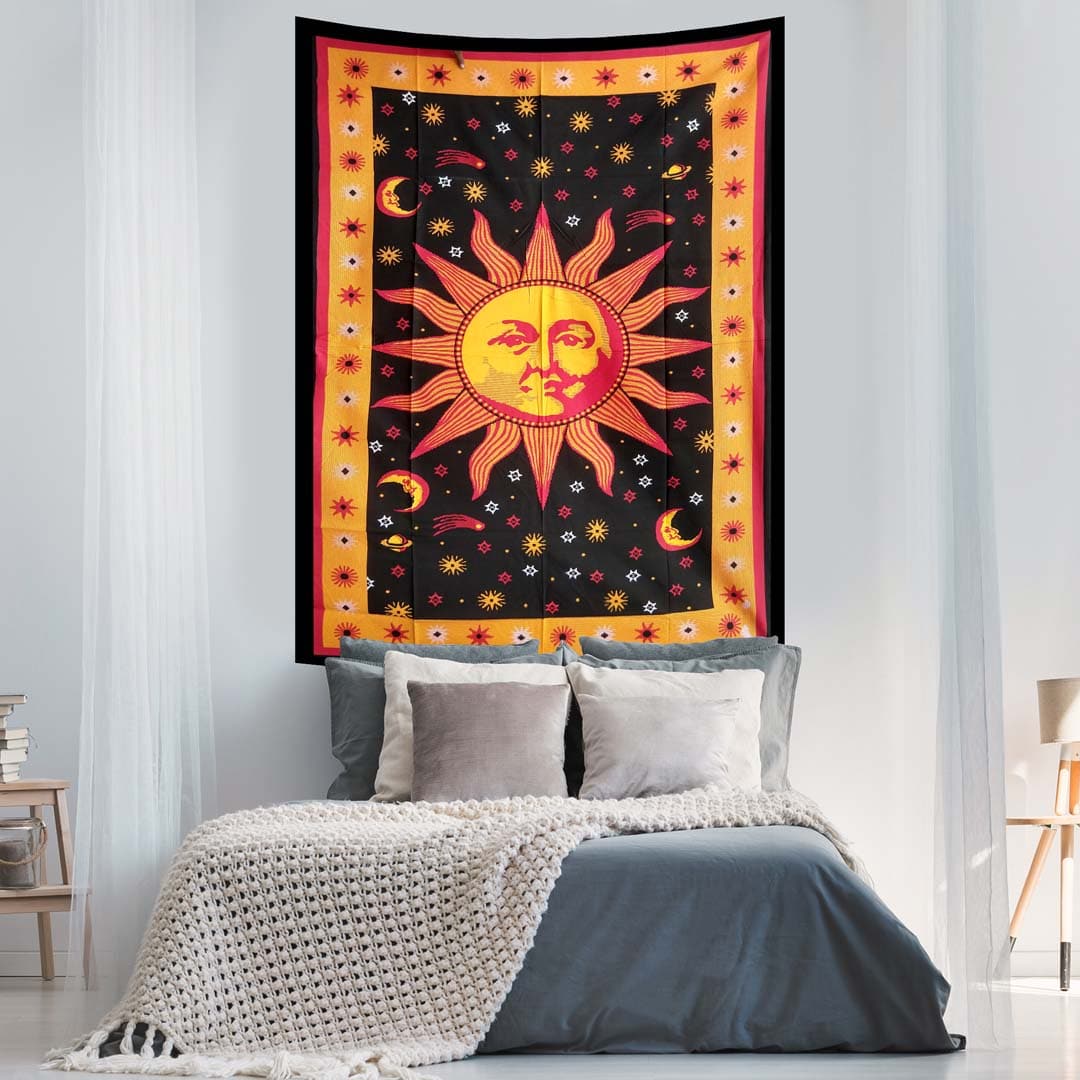 Burning Sun Moon Stars Orange Screen Printed Queen Twin Tapestry