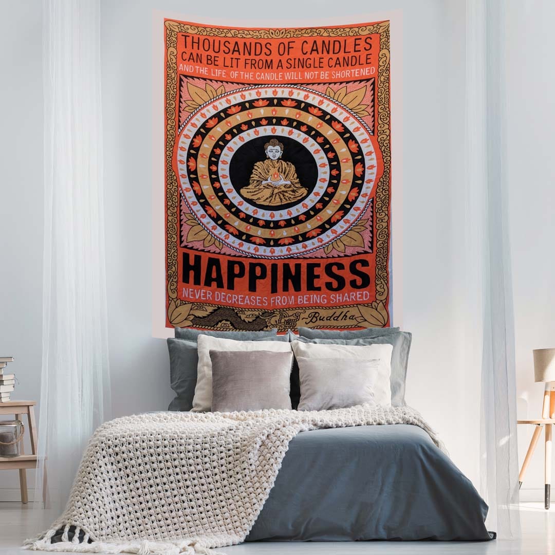 Buddha Happiness Orange Black Screen Printed Queen Twin Tapestry