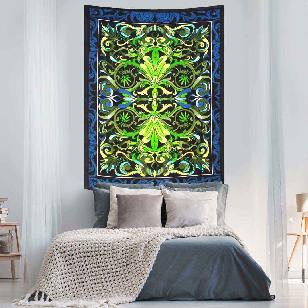Cannabis Green and Blue Screen Print Queen Twin Tapestry