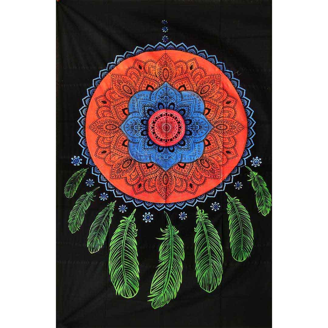 Dream Catcher Hand Brush Screen Printed Eight Feather Queen Twin Tapestry