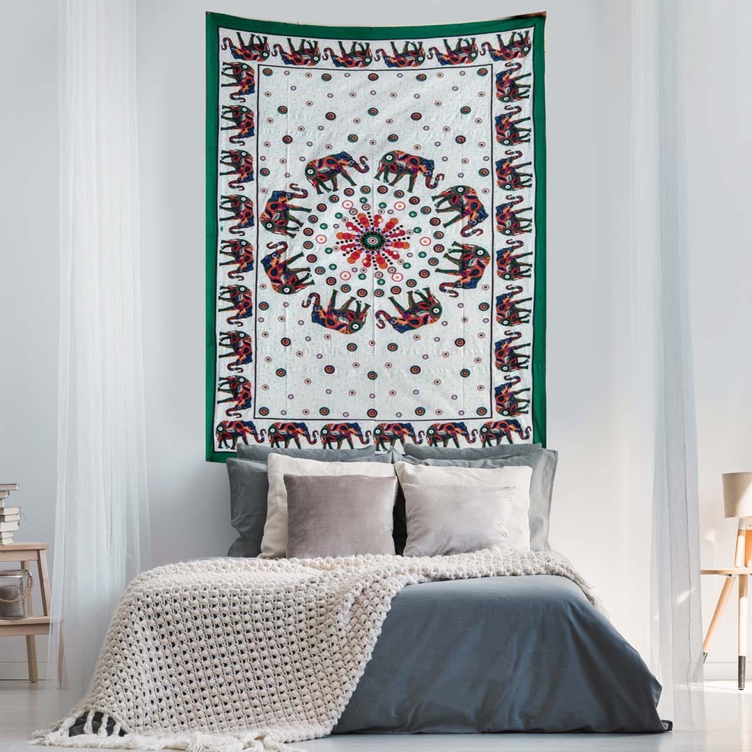 White Green Elephant Screen Printed Queen Twin Tapestry