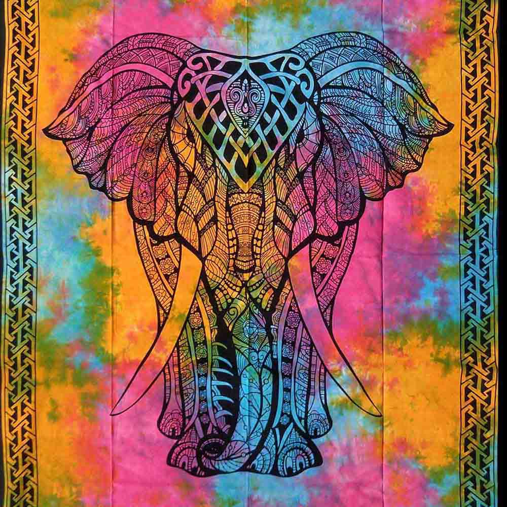 Multi Color Tye Dye Screen Printed Elephant Queen Twin Tapestry