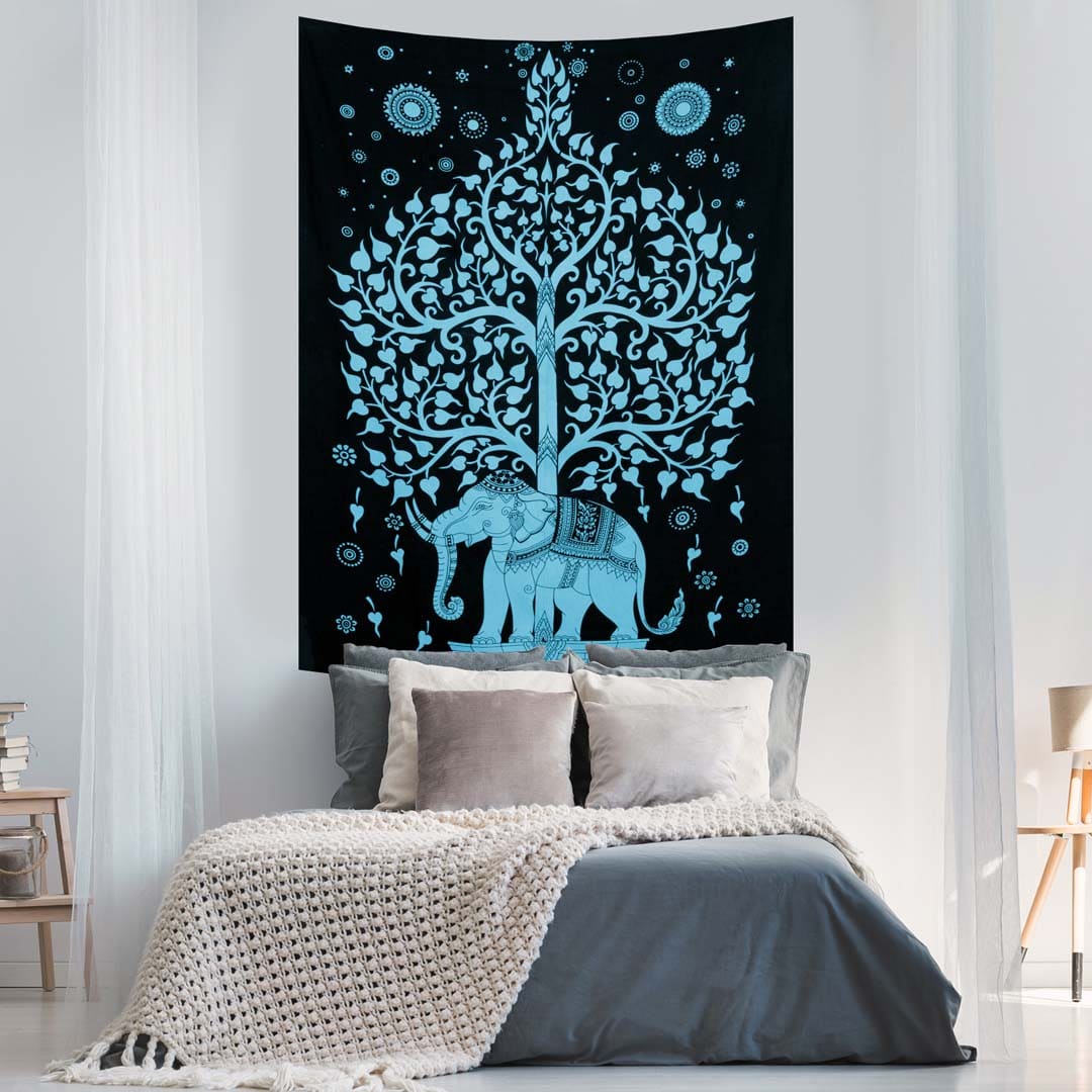 Neon Blue Elephant Tree Screen Printed Queen Twin Tapestry