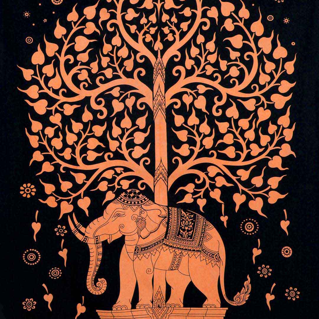 Orange Elephant Tree Screen Printed Queen Twin Tapestry