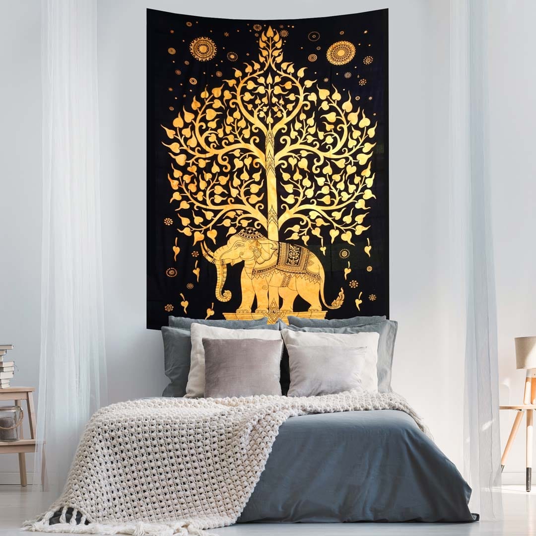 Yellow Elephant Tree Screen Printed Queen Twin Tapestry